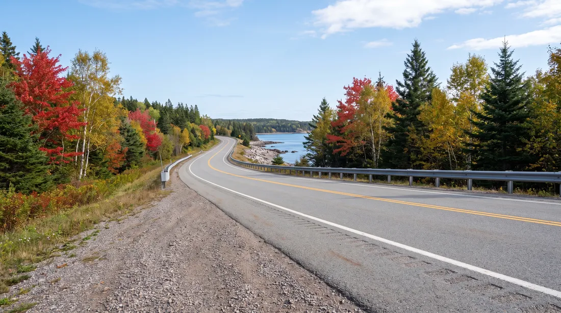 A two-lane highway curving through red maples, yellow birches and dark spruce in autumn, with a blue bay and rocky shore beyond.